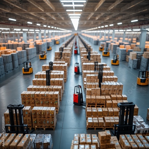 Retail warehouse full of shelves with goods in cartons, with pallets and forklifts. Logistics and transportation blurred background. Product distribution center