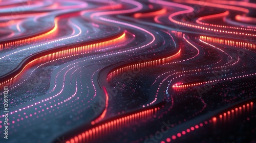 Glowing neon lines flow across dark digital landscape