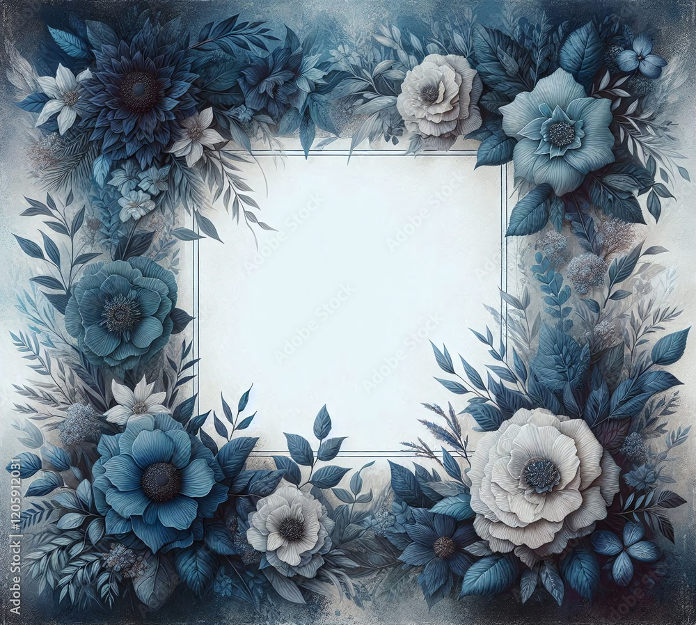 Beautiful Blue Flower Frame with an Empty Central Space