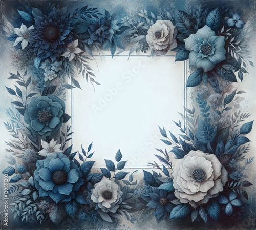 Obraz na płótnie Beautiful Blue Flower Frame with an Empty Central Space w salonie