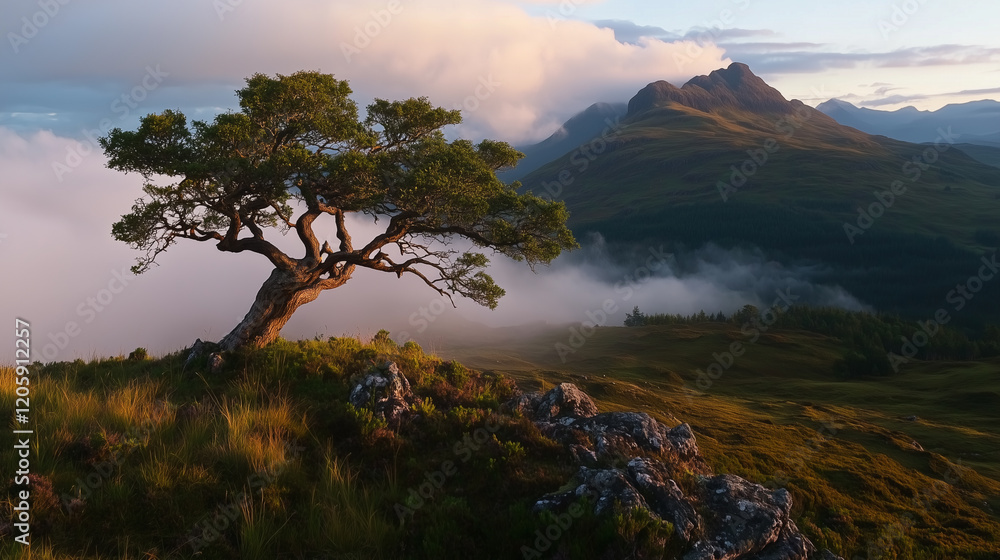 Obraz premium A lone tree stands on a rocky hilltop overlooking a misty valley at sunrise, with mountains in the background and soft, golden light illuminating the scene.