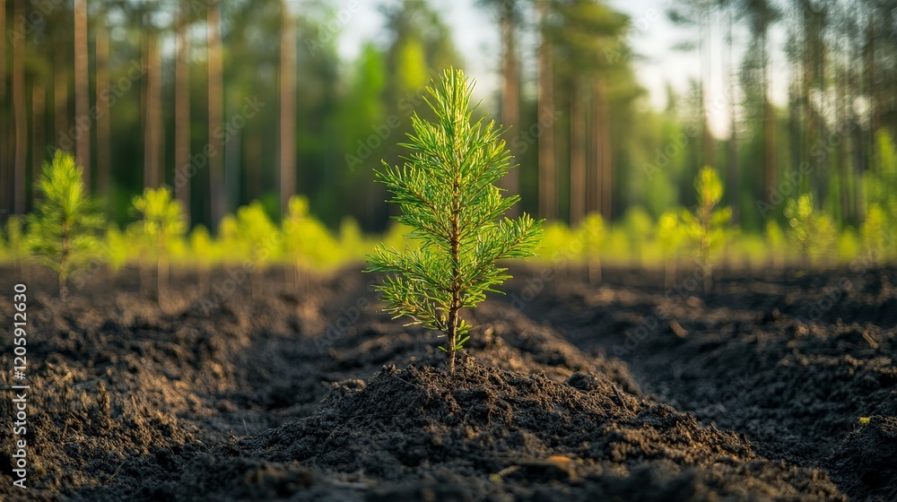 Rows of young seedlings growing in fertile soil, symbolizing reforestation and environmental conservation. Perfect for sustainability topics. Rows of young seedlings growing in fertile soil, symbolizing reforestation and environmental conservation. Perfect for sustainability topics.