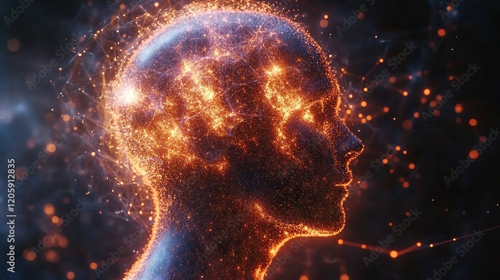 Glowing particle head profile, energy aura, dark space background, idea visualization Glowing particle head profile, energy aura, dark space background, idea visualization
