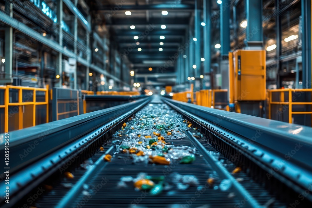 A futuristic recycling plant with sleek, modern conveyor belts processing materials in a clean, energy-efficient facility, showcasing advanced sustainability practices. A futuristic recycling plant with sleek, modern conveyor belts processing materials in a clean, energy-efficient facility, showcasing advanced sustainability practices.