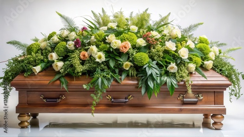 Elegant casket adorned with lush flower arrangements and lush greenery, set against a soft, white background , somber atmosphere, eulogy service photo