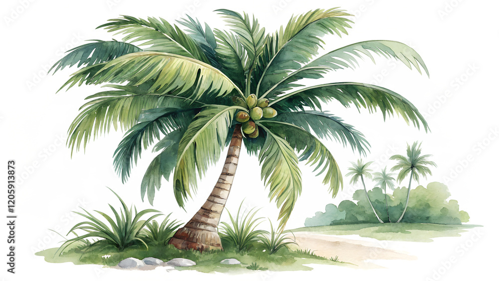 Fototapeta premium Watercolor Coconut Tree Illustration Isolated on Transparent Background, Cutout Design
