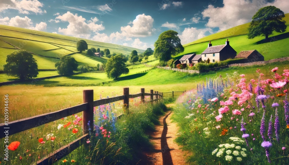 Obraz premium Idyllic landscape showcasing vibrant wildflowers, rolling green hills, and charming rural houses under a bright blue sky