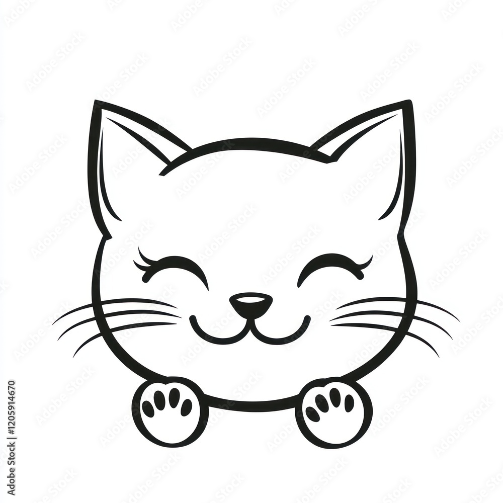 Happy cat head, paws, white background, children's book illustration Happy cat head, paws, white background, children's book illustration