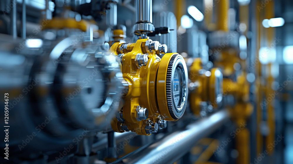 Close-up of industrial valves and pipes in a natural gas processing plant, showcasing their intricate details Close-up of industrial valves and pipes in a natural gas processing plant, showcasing their intricate details