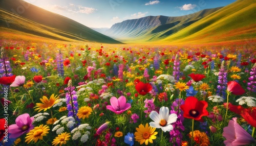 Vibrant wildflowers carpeting lush spring meadow, nestled between rolling hills, painting scenic landscape with vivid natural colors photo