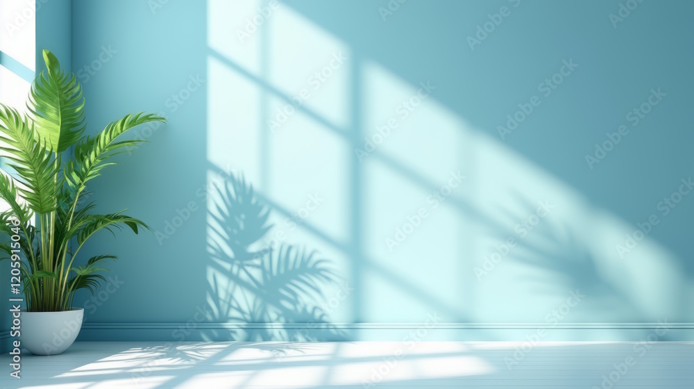 Soft shadows of plants and palm leaves cast by window light on the light blue wall in an empty room interior Soft shadows of plants and palm leaves cast by window light on the light blue wall in an empty room interior