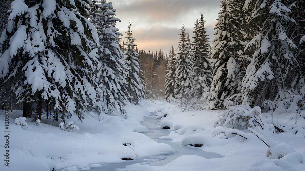 Obraz premium Winter forest wonderland with snow-laden evergreens, frozen stream, animal tracks, icicles, and serene, pristine wilderness beauty