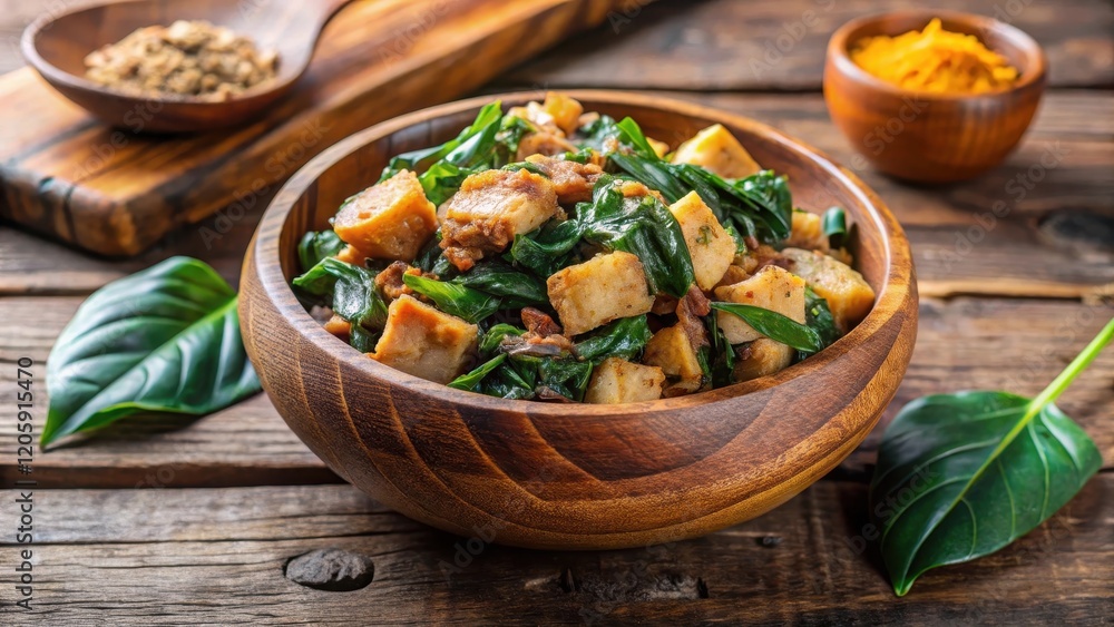 Ravitoto in Wooden Bowl with Pork and Cassava Leaves, savory dish, cassava leaves Ravitoto in Wooden Bowl with Pork and Cassava Leaves, savory dish, cassava leaves