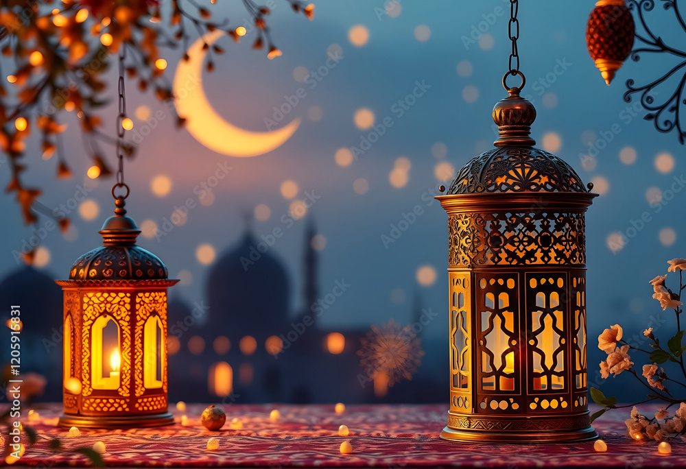 Fototapeta premium Glowing Ramadan Lanterns Night Scene Festive Islamic Decor