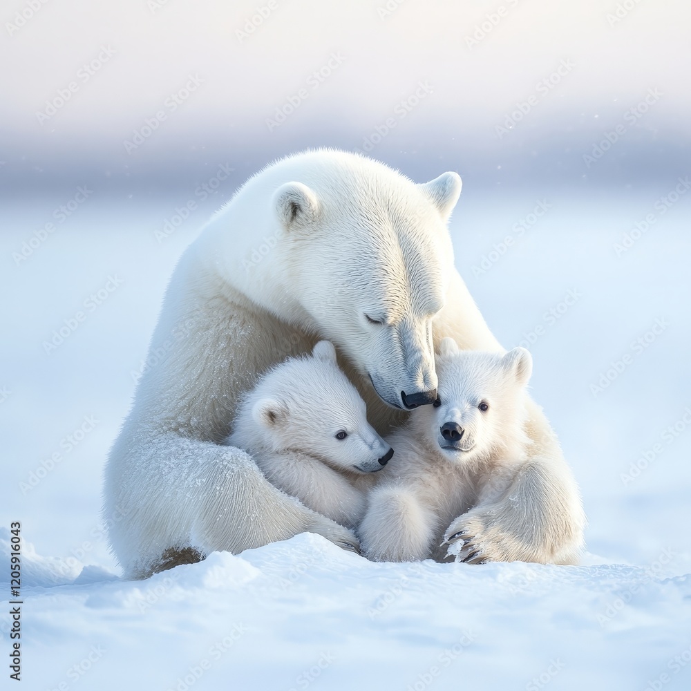 A mother polar bear with two cubs in the Arctic snow. Represents maternal care, Arctic wildlife, and the urgency of conservation efforts. A mother polar bear with two cubs in the Arctic snow. Represents maternal care, Arctic wildlife, and the urgency of conservation efforts.