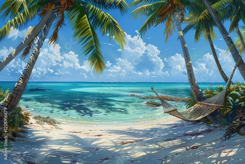 Fototapeta Naklejka Na Ścianę i Meble -  A painting of a beach with palm trees and a hammock