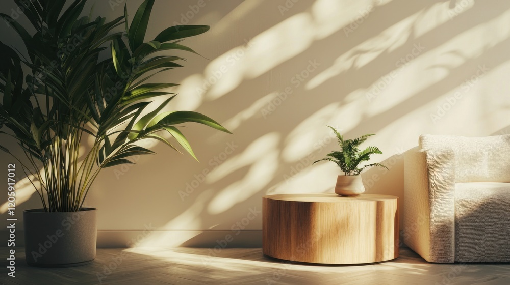 Sunlit Interior with Plants and Minimalist Furniture Sunlit Interior with Plants and Minimalist Furniture