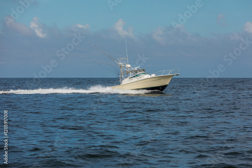 Recreational Sports Fishing Boat driving through  Sea, Waves splashing; Copy Space