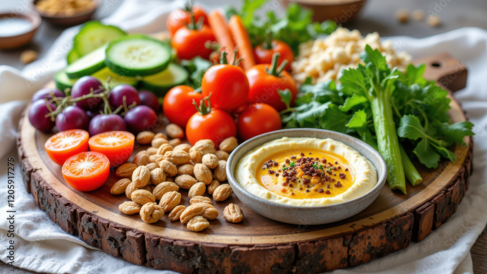 A tray filled with a variety of healthy snacks and vegetables accompanied by a bowl of dip on a table. A tray filled with a variety of healthy snacks and vegetables accompanied by a bowl of dip on a table.