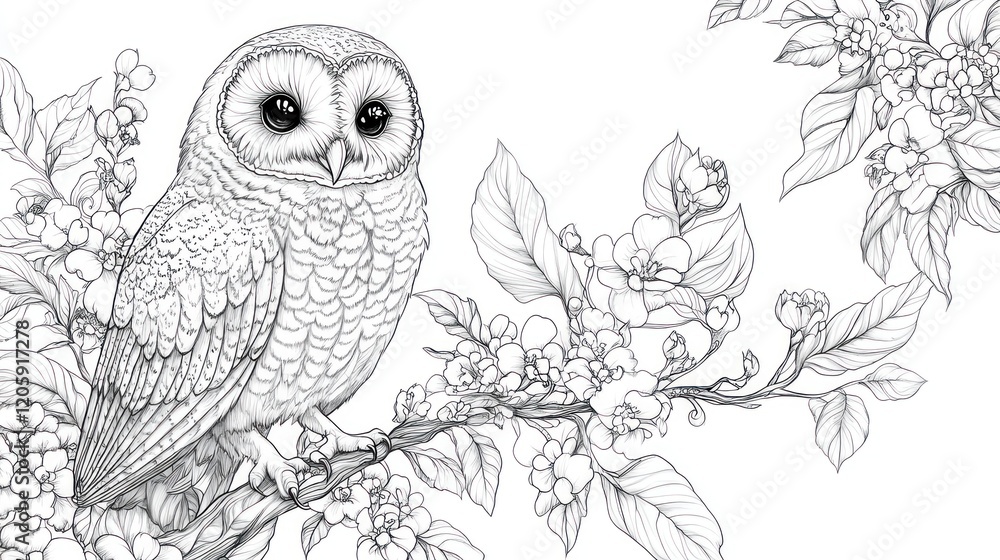 Fototapeta premium A whimsical owl perched on a branch with detailed feathers, leaves, and flowers, drawn in a delicate line style for a nature-inspired coloring book 