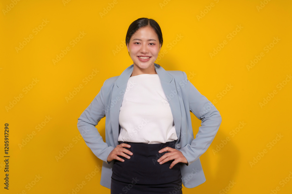 Portrait of a smiling young Asian businesswoman standing with hands on hips against a vibrant yellow background, exuding confidence and professionalism Portrait of a smiling young Asian businesswoman standing with hands on hips against a vibrant yellow background, exuding confidence and professionalism