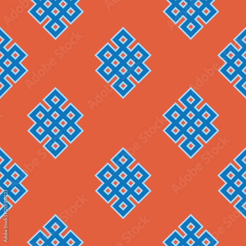 Shrivatsa endless knot seamless pattern. Sacral symbol in buddhism, hinduism, jainism.
