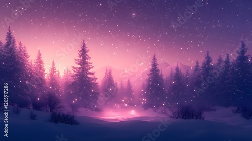 Magical Winter Wonderland Landscape with Twinkling Stars and Illuminated Trees in Snowy Forest