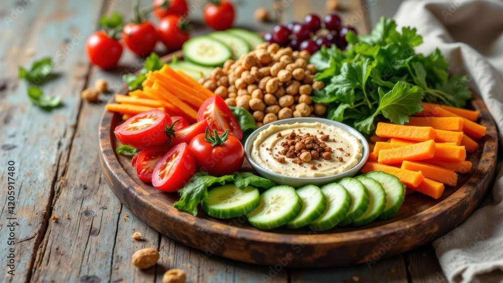 Colorful fresh fruits and vegetables with dip on a wooden tray. Colorful fresh fruits and vegetables with dip on a wooden tray.