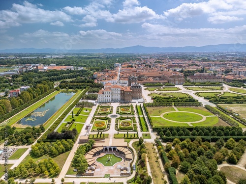 The drone aerial view of The Palace of Venaria (Italian: Reggia di Venaria Reale) , is a former royal residence and gardens located in Venaria Reale, in the Piedmont region in Italy.