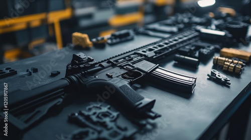 Modern sporting rifle is being assembled or modified on a workbench in a factory or workshop, surrounded by various parts and accessories