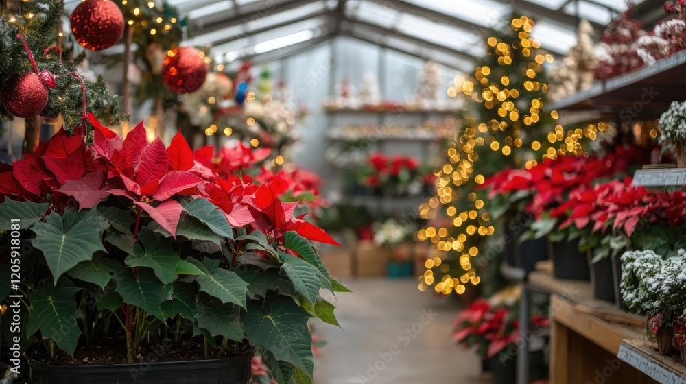Obraz premium Red Poinsettia Plants Greenhouse Christmas Decorations
