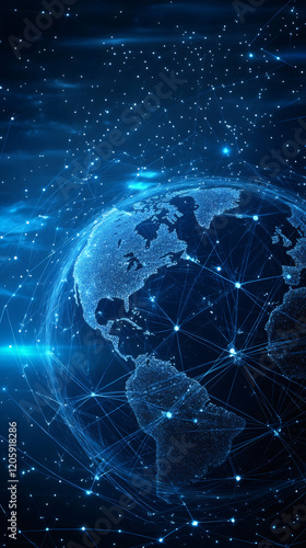Connecting continents through a vibrant network, illustrating a global web of communication and technology across planet Earth