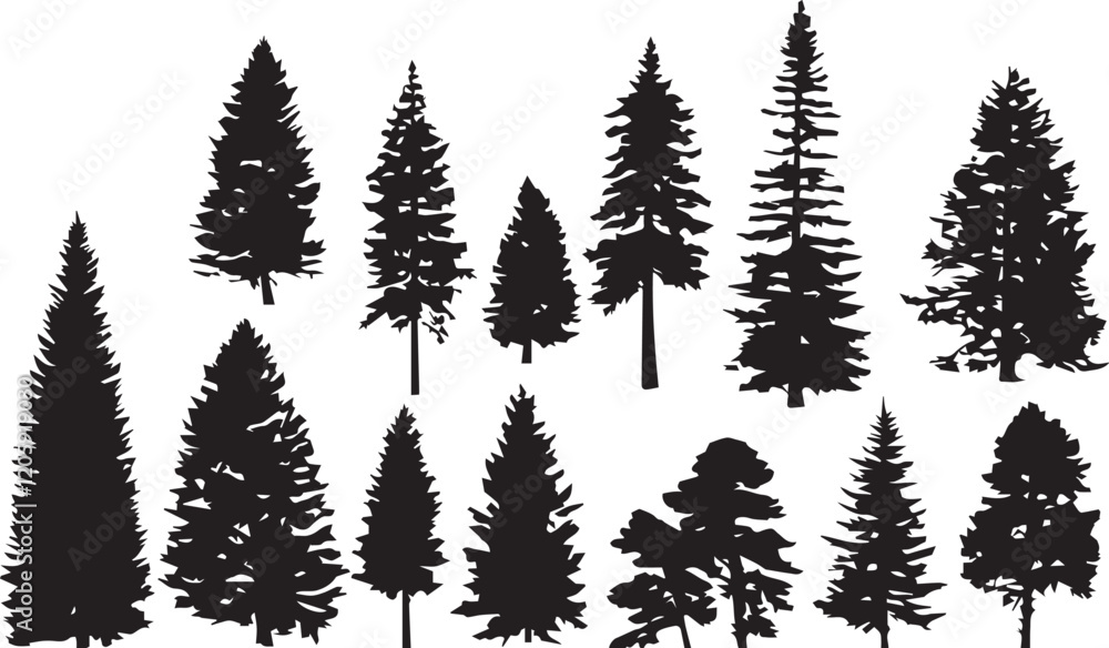 Fototapeta premium A set of tree silhouettes for flat design. Hand drawn vector illustration