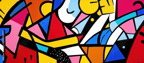 Abstract art with fragmented geometric shapes in bold primary colors, intersecting lines, dynamic and energetic composition