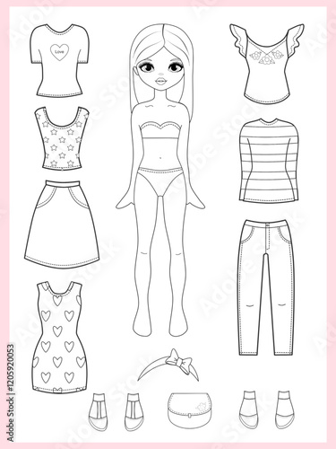 Paper doll clothes coloring page, book. Outline. Black and white. Fashion girl with clothes set, collection. Paper doll dress up, cutouts, cut out. Vector illustration. Paper doll printable . Stickers