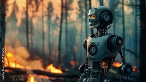 Futuristic robot with burning eyes standing against the background of a fire in the forest. Suitable for science fiction films, video games and projects related to technology and artificial intelligen photo