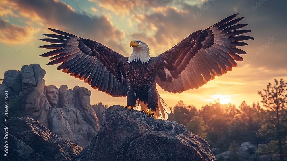 Fototapeta premium Majestic Bald Eagle Soaring Over Dramatic Mountainous Landscape at Sunset