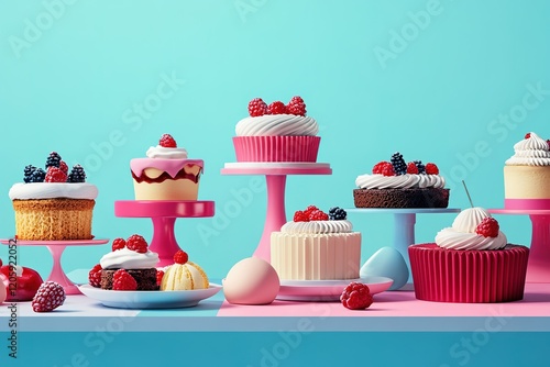 A table full of different types of cakes and cupcakes with raspberries on top