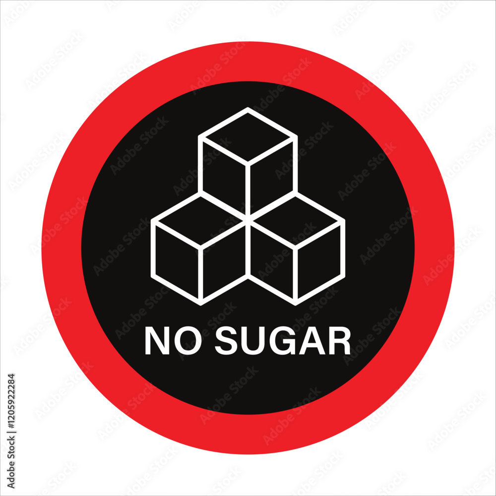 Sugar ban icon symbol. Sugar free. Sugar is prohibited. Stop or ban red round sign with No sugar cubes icon flat design, ideal for sticker, print or web. Forbidden sign. Vector illustration, EPS 10. Sugar ban icon symbol. Sugar free. Sugar is prohibited. Stop or ban red round sign with No sugar cubes icon flat design, ideal for sticker, print or web. Forbidden sign. Vector illustration, EPS 10.
