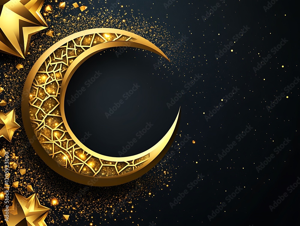 Golden Crescent Moon Stars Night Sky Design