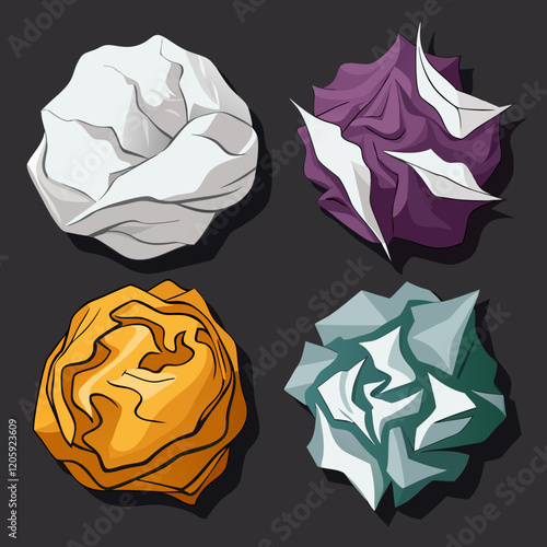 Four vector illustrations of crumpled or carelessly pasted paper textures on a dark background 