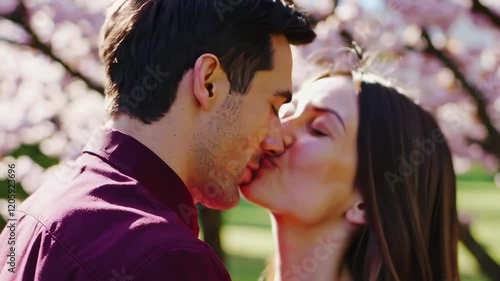 Romantic Couple Embracing in a Cherry Blossom Scene Footage