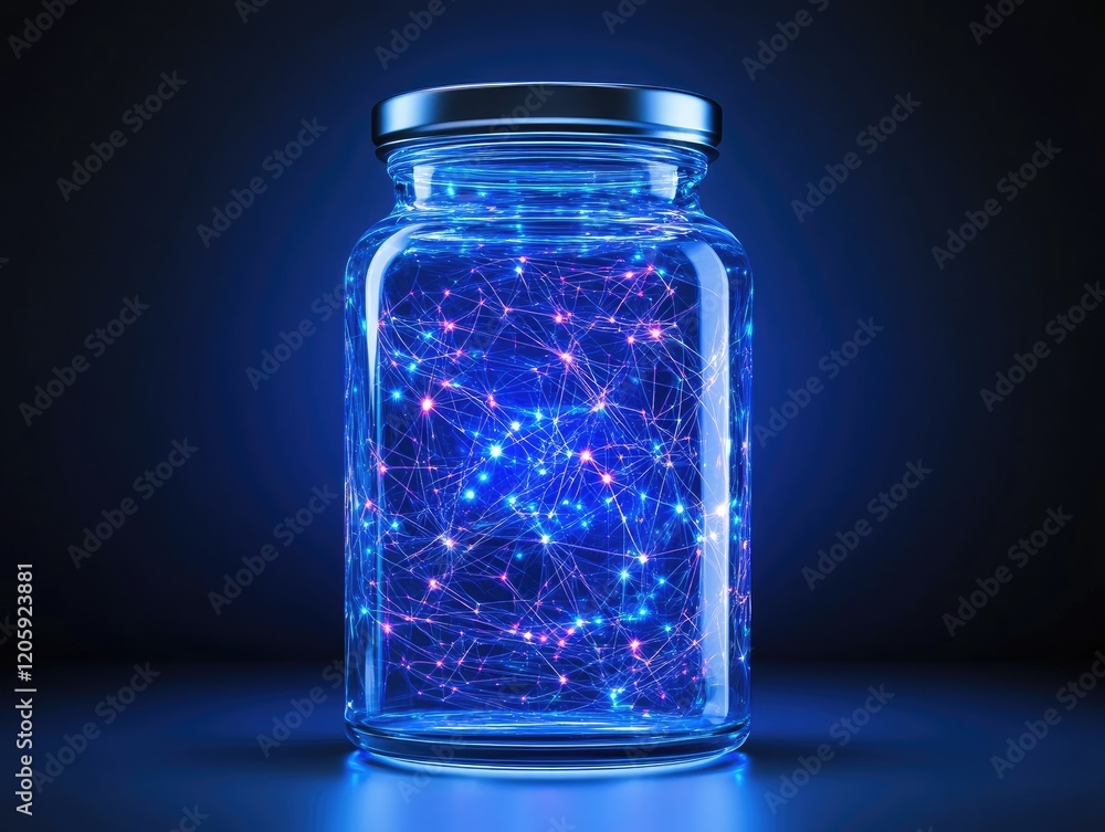 Illuminated energy connections in a jar indoor laboratory setting digital art dark background abstract conceptualization Illuminated energy connections in a jar indoor laboratory setting digital art dark background abstract conceptualization