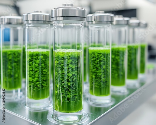 Algae reactors in a cuttingedge pharmaceutical research facility, green drug, biobased medicine innovation photo