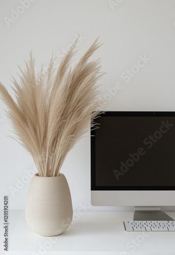 A blank computer screen on a white desk, pampas grass in a beige ceramic vase, minimalistic, neutral tones