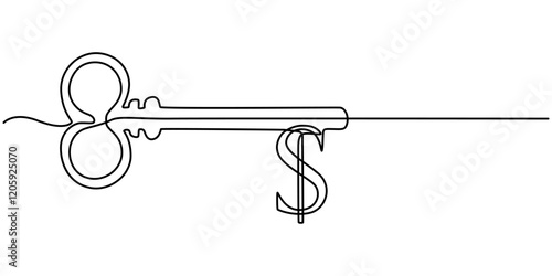 Dollar key continuous one line drawing, Financial key success, safe haven for investment or wealth manager to manage money. Continuous line draw design vector illustration and white background. photo