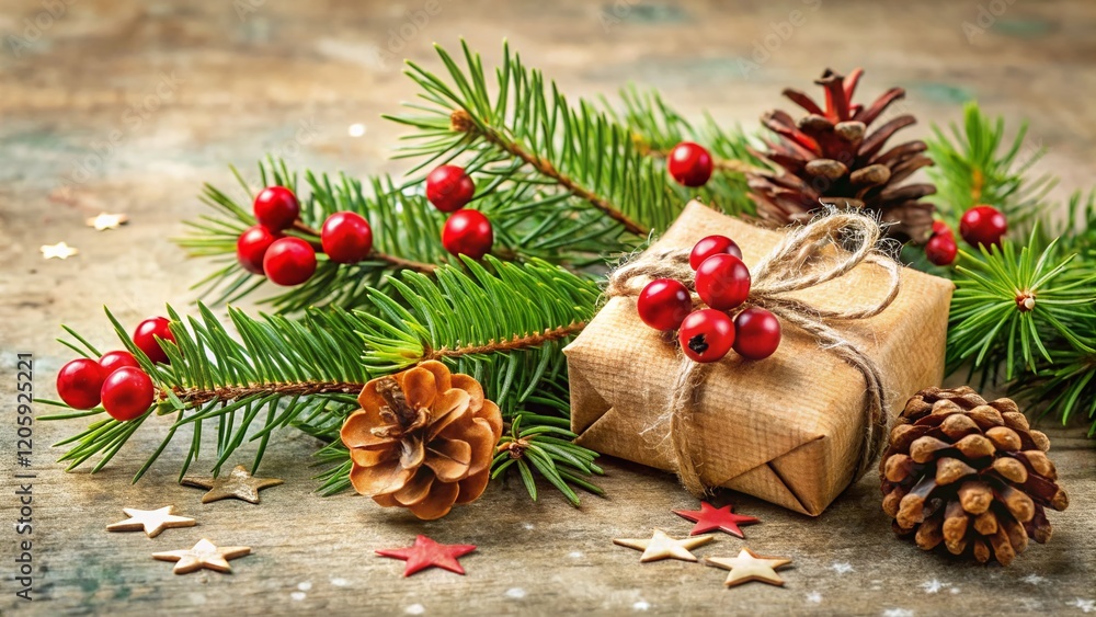 Festive Fir Branch with Red Berries, Pine Cones & Gift Box - Christmas Stock Photo Festive Fir Branch with Red Berries, Pine Cones & Gift Box - Christmas Stock Photo