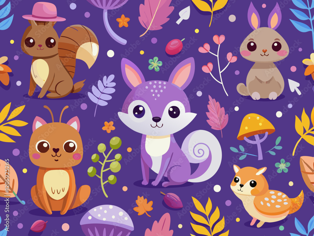 Naklejka premium Cute Woodland Animals Pattern on Purple Background