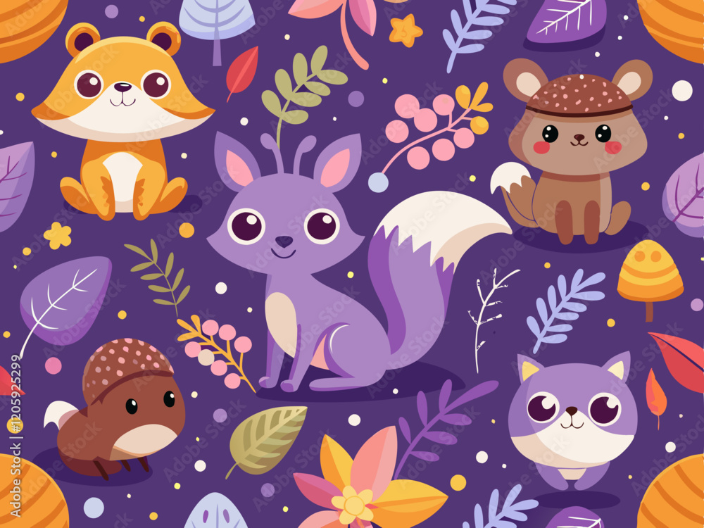 Fototapeta premium Cute Woodland Animals Pattern on Purple Background
