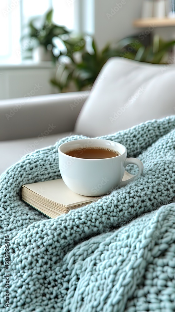 Cozy Tea Break With Book And Blanket On Sofa Cozy Tea Break With Book And Blanket On Sofa